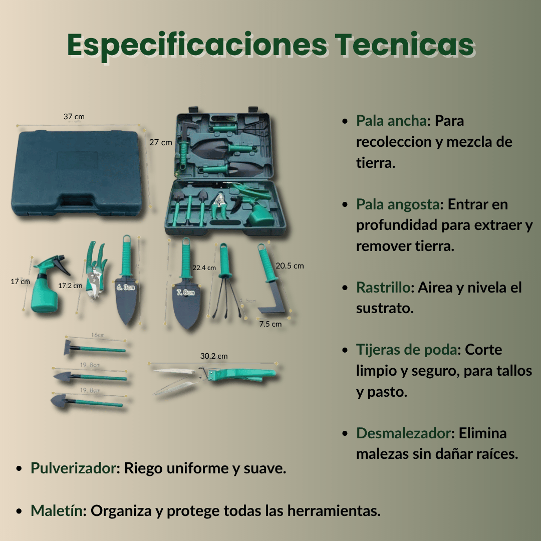 Kit de Jardinería Completo con 10 Herramientas + Valija Organizadora