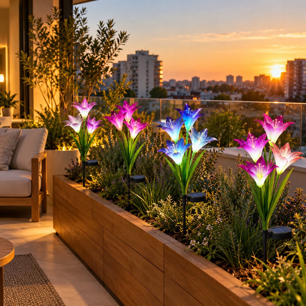Balcón con lirios encendidos en jardineras